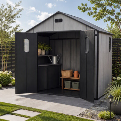 8x6Ft Resin Outdoor Storage Shed with Floor, Plastic Garden Storage Shed, Outside Weatherproof Storage Building for Tools, Bike, Lawn Mower, Patio, Backyard