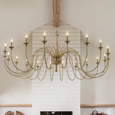 Grand lustre campagnard 20 lumières, plafonnier candélabre blanc vieilli pour plafonds hauts