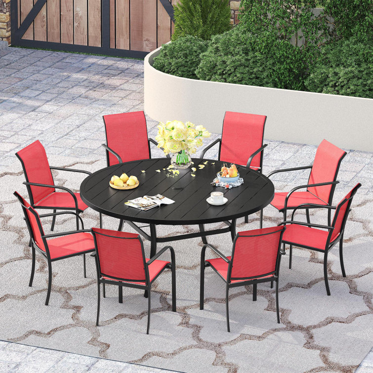 60" Patio dining set with Metal Round Dining Table and Stackable Armrest Dining Chairs