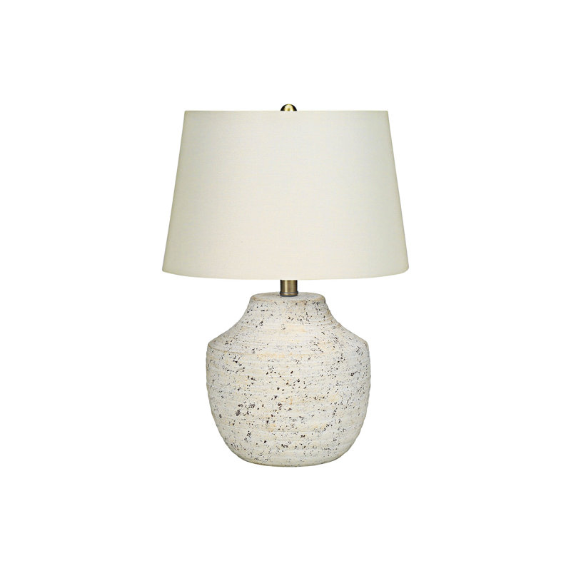 Lampe de table moderne en béton crème avec abat-jour en lin ivoire et fleuron doré, Beige, Beige
