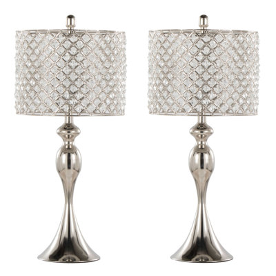 Lampe de table contemporaine 27 "en métal, nickel poli avec perles de cristal carrées transparentes K9 et abat-jour assorti, ensemble de 2