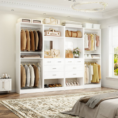 100" Closet System With Drawers, Closet Organizer With Hanging Rods And Mirror Design