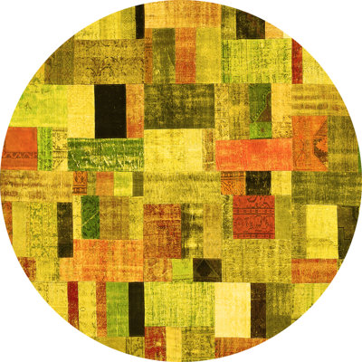 Tapis géométrique en laine / polyester tissé à la machine en jaune / orange / vert