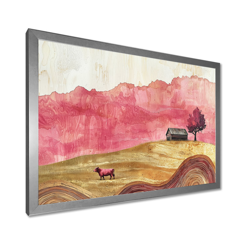 Grange aux roses avec champ de vaches - Paysage I - vache, œuvre d'art murale, H 16 po x l 32 po, Cadre simple, Argent argent