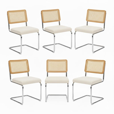 Modern Velvet Dining Chairs Set Of 6, Rattan Back & Chrome Base,Beige