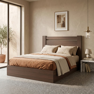 Modern Wood Platform Bed with Horizontal Headboard and Lift Storage, Full, Taupe