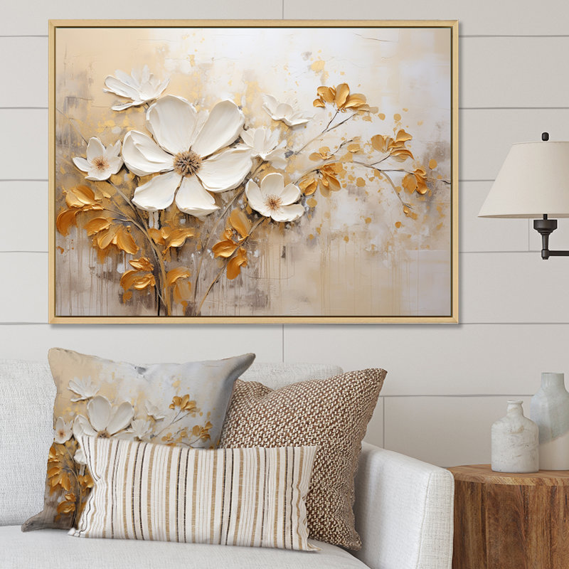 Fleurs saisonnières beiges et dorées en fleurs - Fleurs murales saisonnières, 12" H x 20" W, Cadre naturel flottant