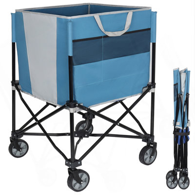 Rolling Ball Storage Cart With Wheels, Collapsible Garage Sports Equipment Organizer For Volleyball Basketball Tennis Toy Storage Multi-Sport Family Gym, Blue/Gray