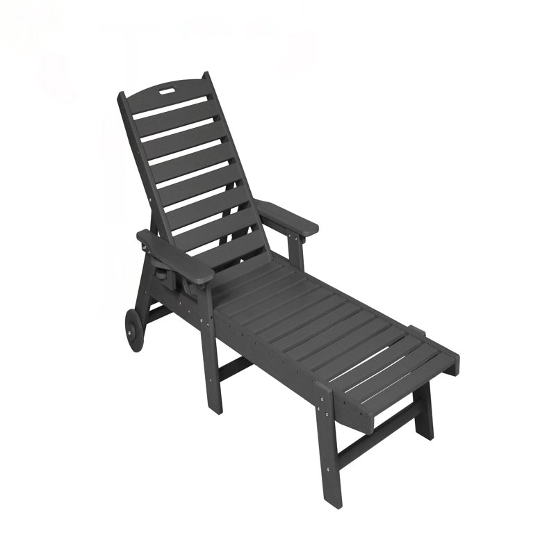 Oversized Outdoor Chaise Lounge Chair With 5 Adjustable Positions, HDPE, Wheels & Cup Holder For Patio, Poolside, Grey, Gray