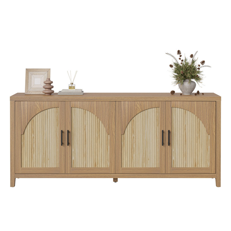  Meuble télé de 70 po avec rangement Almodovar, buffet à 4 portes en roseau avec gestion des câbles, console Mid-Century Media Center pour téléviseur de 75 po ou moins, chêne naturel