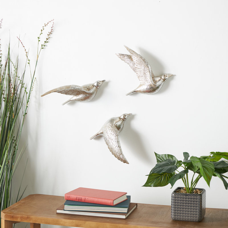 Ensemble de 3 décorations murales d'oiseaux flottants en polystone métallique, Argent argent, H 10 po x l 10 po x P 3 po