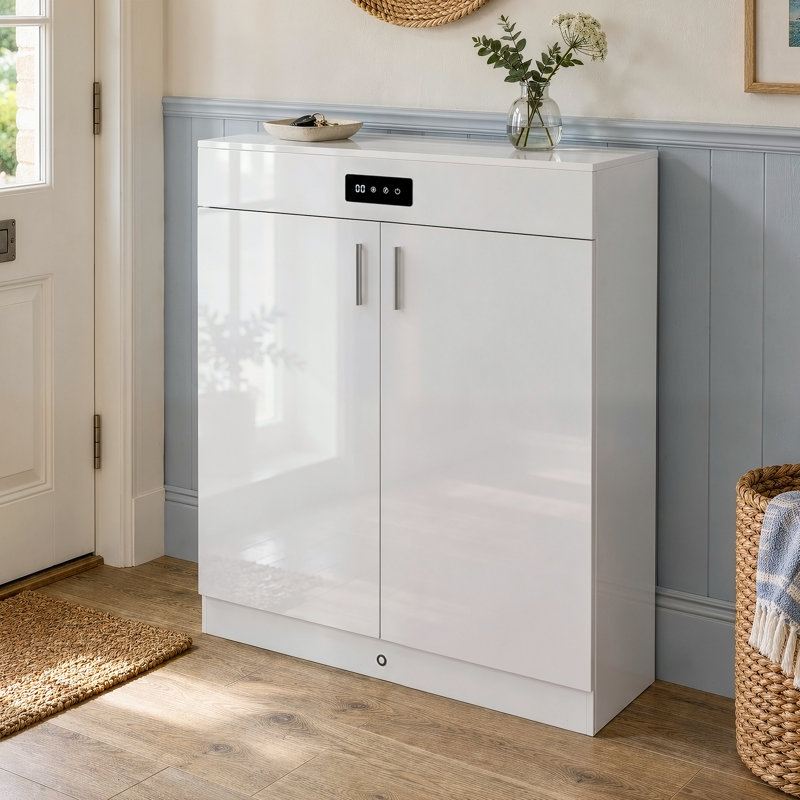 80cm White High Gloss Shoe Cabinet, Slim 30cm Deep, Motion Sensor LED and Deodoriser