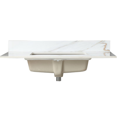 37 Inch White Bathroom Sink Top - Rectangular With 4-Inch Backsplash Vanity Counter Marble Beautiful Veins, 4" Backsplash, 8 Faucet Hole, Water And , Sintered Stone