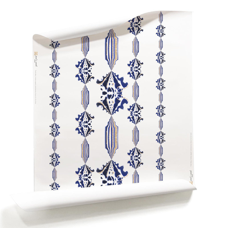 Charlie | Papier peint à rayures florales , Bleu/blanc/beige