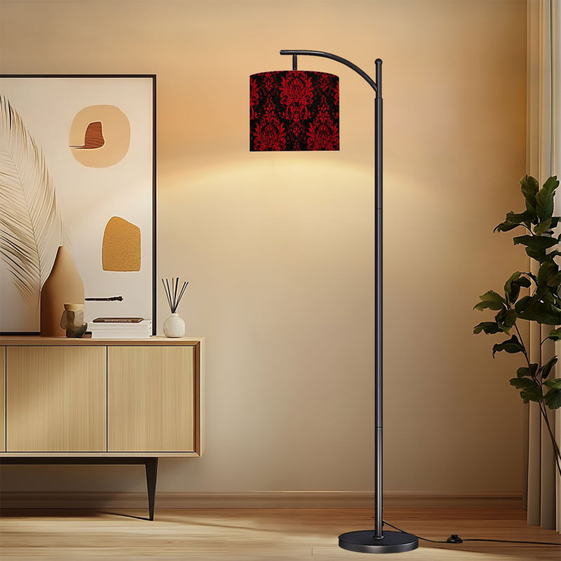 Lampe sur pied à arc avec abat-jour réglable rouge et noir à motif floral damassé orné de style baroque Lampe sur pied à 3 températures de couleur à intensité variable avec interrupteur au pied pour la chambre à coucher