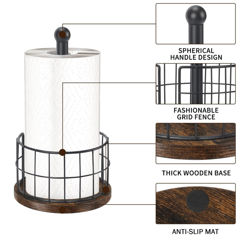 Black Metal and Brown Wood Countertop Paper Towel Holder