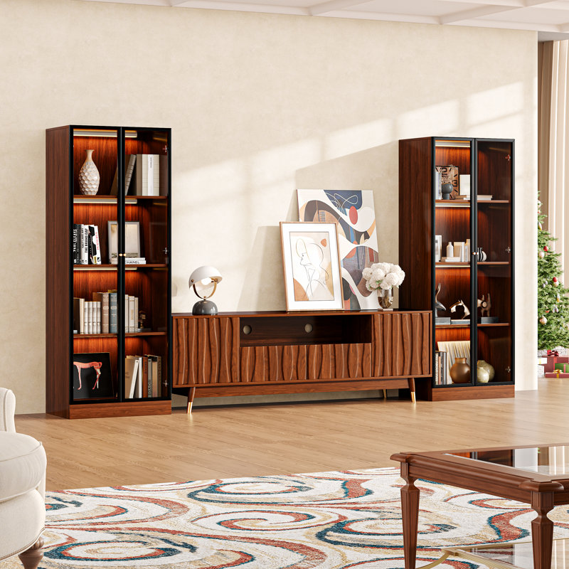 114.2''w Walnut Finish Media Console With Hutch For 45/55/65 Inch Tv, Mid-century Modern Wood Entertainment Center Include Tv Stand With Storage And Two 4-tier Display Shelves With Glass Doors For Living Room, Brown