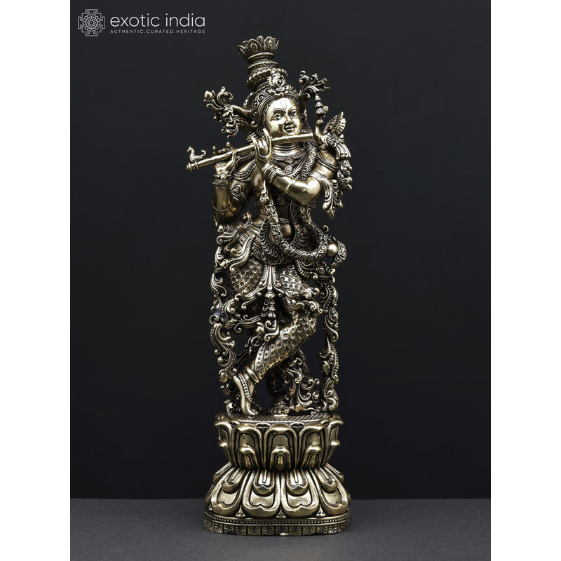 Statue de Krishna en laiton fabriquée à la main 11 pouces avec flûte