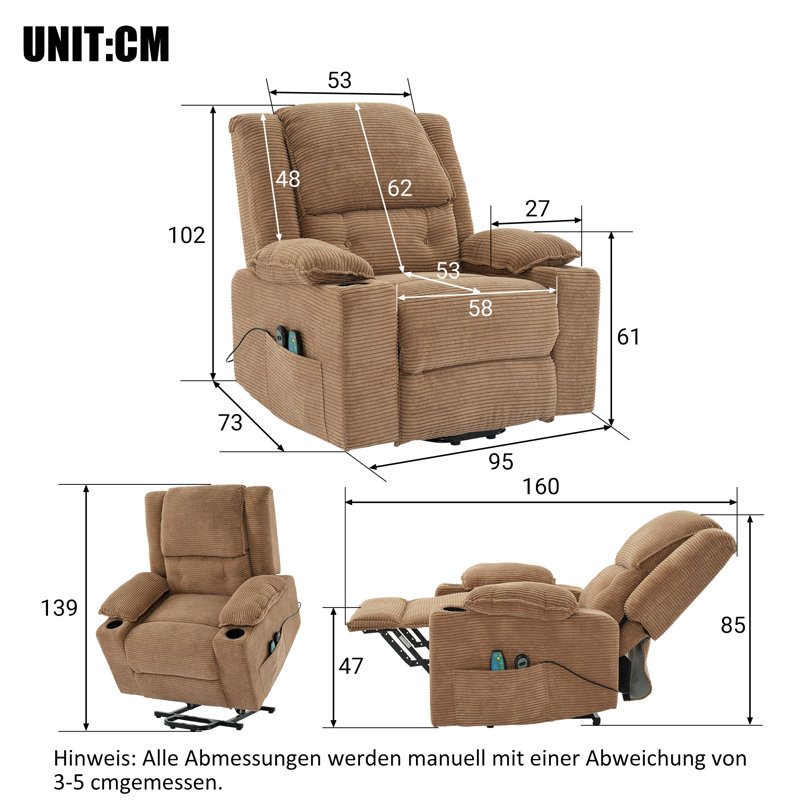 Oversized Power Lift Recliner Chair with Heat and Massage, Upholstered Sofa with Cup Holders, Light Brown