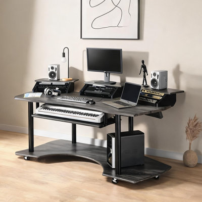 83-Inch Music Studio Desk with Keyboard Storage and Cable Management, Dark Oak Finish