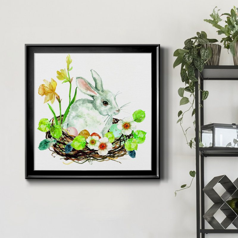 Bunny Wreath - Peinture sur toile encadrée, Cadre noir, H 26,5 po x l 26,5 po x P 1,5 po