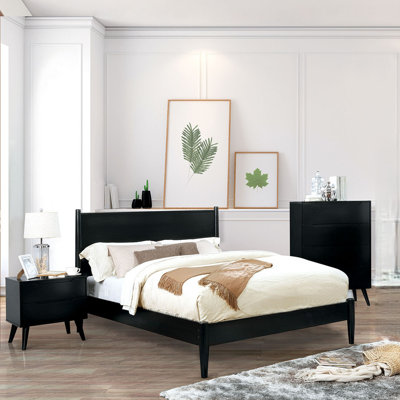 Ensemble de 3 pièces en bois comprenant un lit, une table de chevet et une commode, style plateforme moderne du milieu du siècle.