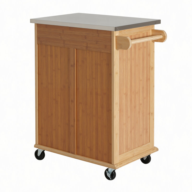 Chariot de cuisine intérieur en bambou compact avec plateau en acier inoxydable - Îlot de rangement mobile avec tiroir et armoire pour petits espaces