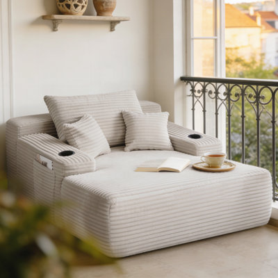 Fauteuil convertible en méridienne avec accoudoirs larges et coussins décoratifs, canapé-lit confortable sans dossier, avec porte-gobelet, pour chambre à coucher, aucun assemblage requis