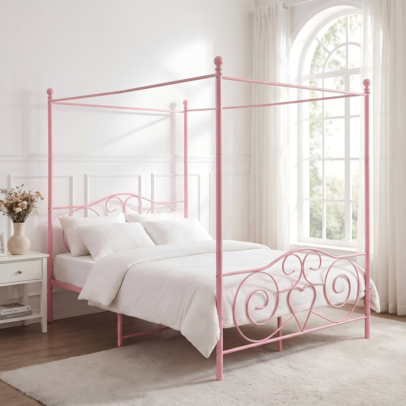 Cadre de grand lit en métal de style rétro, lit plateforme avec baldaquin, rose, Rose