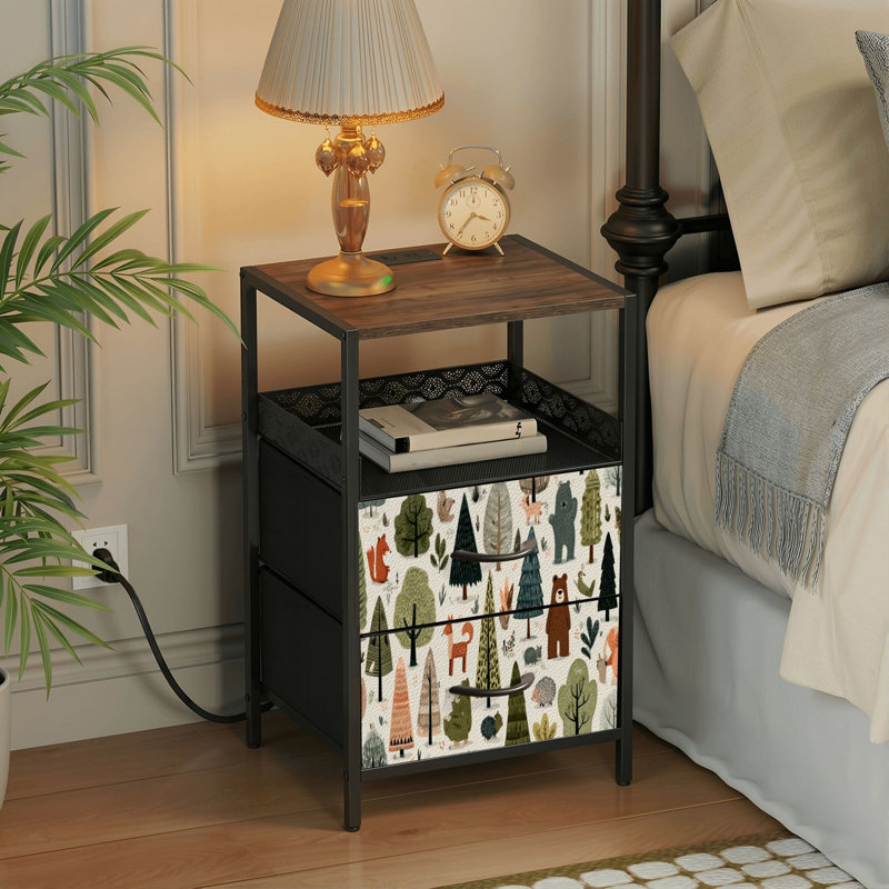 Table de chevet 2 tiroirs avec station de charge, table de chevet pour chambre à coucher avec ports USB, tablette ouverte noire, table de chevet avec ensemble de différents animaux de la forêt verte imprimés à la main