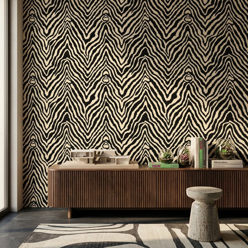 Papier peint à motif zébré à motif animalier amovible noir et crème, Texturé non collé