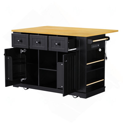 Grand îlot de cuisine 53 po avec 2 tabourets roulants, rallonge, prise de courant, 3 tiroirs, blanc