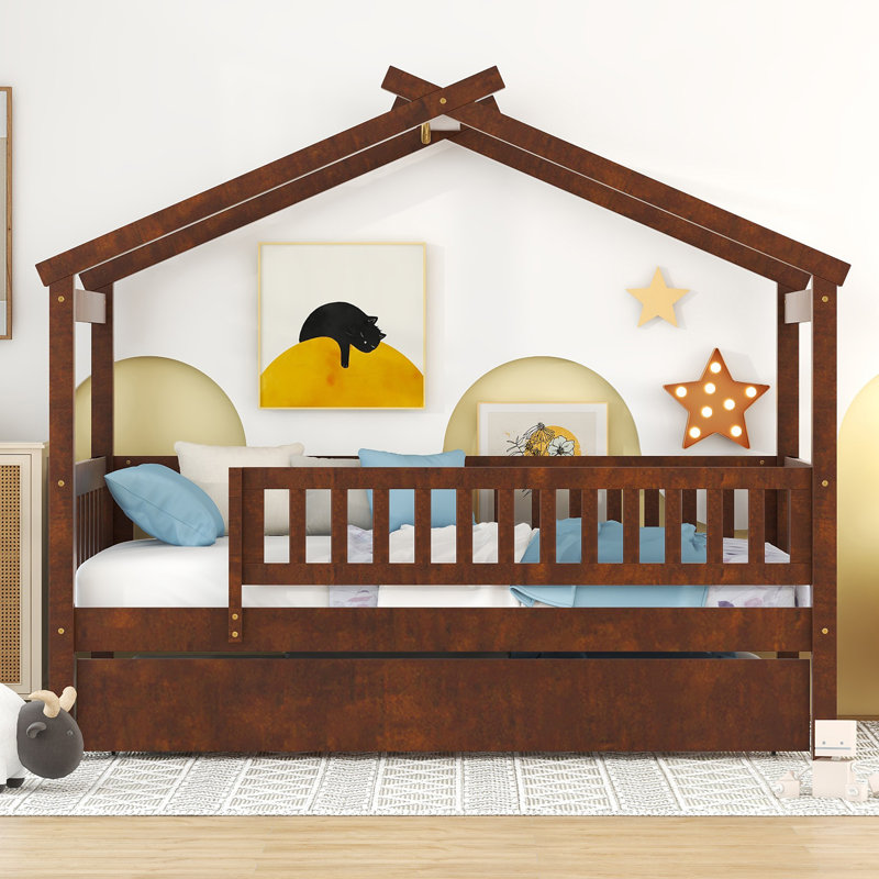 Wooden House Bed With  Trundle, Walnut