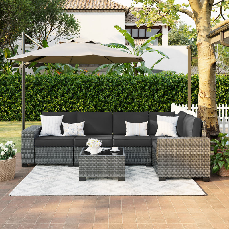 Earling 5 - Person Modular Wide Armrest Outdoor Rattan Sectional Seating Group, Black/Gray