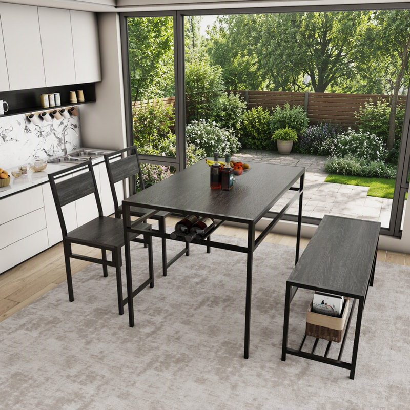 Industrial Dining Table Set with Storage Bench and Wine Rack