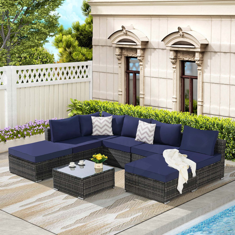 Ensemble de canapé modulaire d'extérieur avec coussins lavables et fabrication robuste, Bleu très foncé