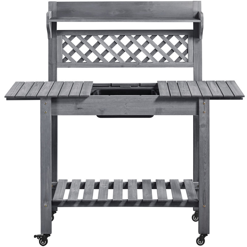 Banc de rempotage en bois de sapin avec plateau coulissant et roues verrouillables Jihane, Gris