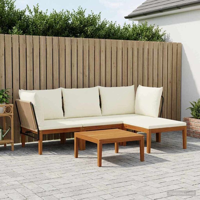  Garden Lounge Set Solid Acacia Wood & Rope Sofa Outdoor Furniture Patio, Cream White Cushion/Natural Beige Frame