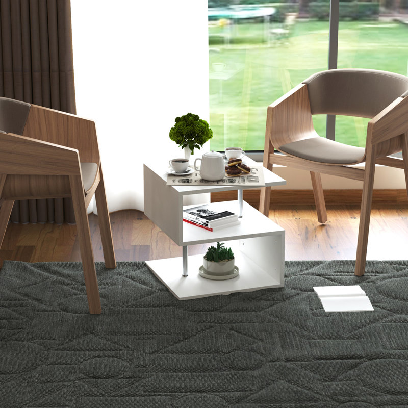 Table de bout moderne 20 po, table d'appoint en forme de S avec tablette de rangement et poteaux en acier, blanc, Blanc