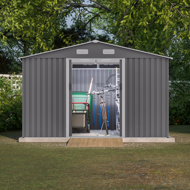 10X8 FT Outdoor Tool Storage Shed With Metal Foundation & Lockable Doors, All Weather Metal Sheds