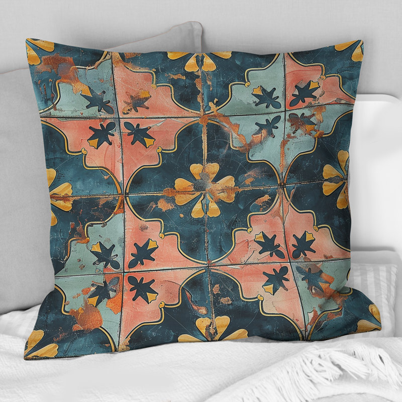 Carreau rustique bleu et doré II - Coussin Farmhouse, H 16 po x l 16 po, Carrée