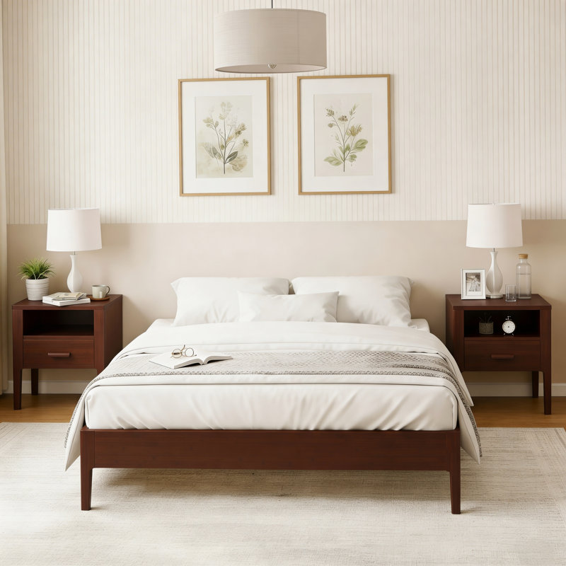 Base de lit plateforme en bois massif, Chocolat, Lit double