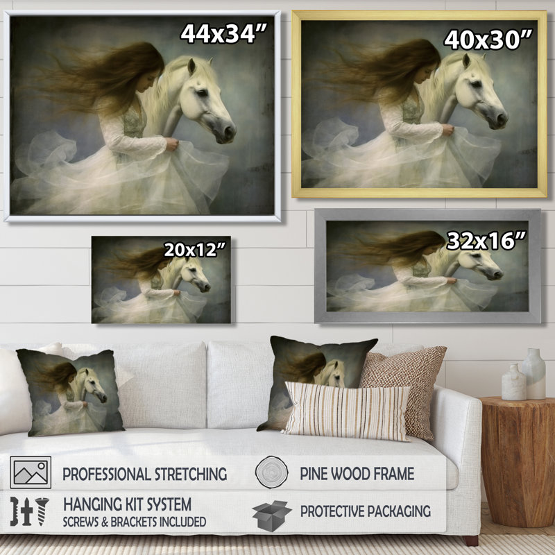 Danseuse blanche avec cheval blanc - reproduction d'art mural cheval, Toile flottante dorée encadrée, H 30 po x l 40 po