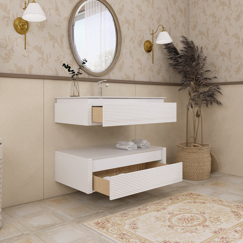 Meuble-lavabo mural simple 48 po avec plateau en marbre, Blanc