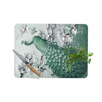 Green Peacock Pattern Glass Cutting Board with Easy to Carry Design Ideal for Peacock Lovers