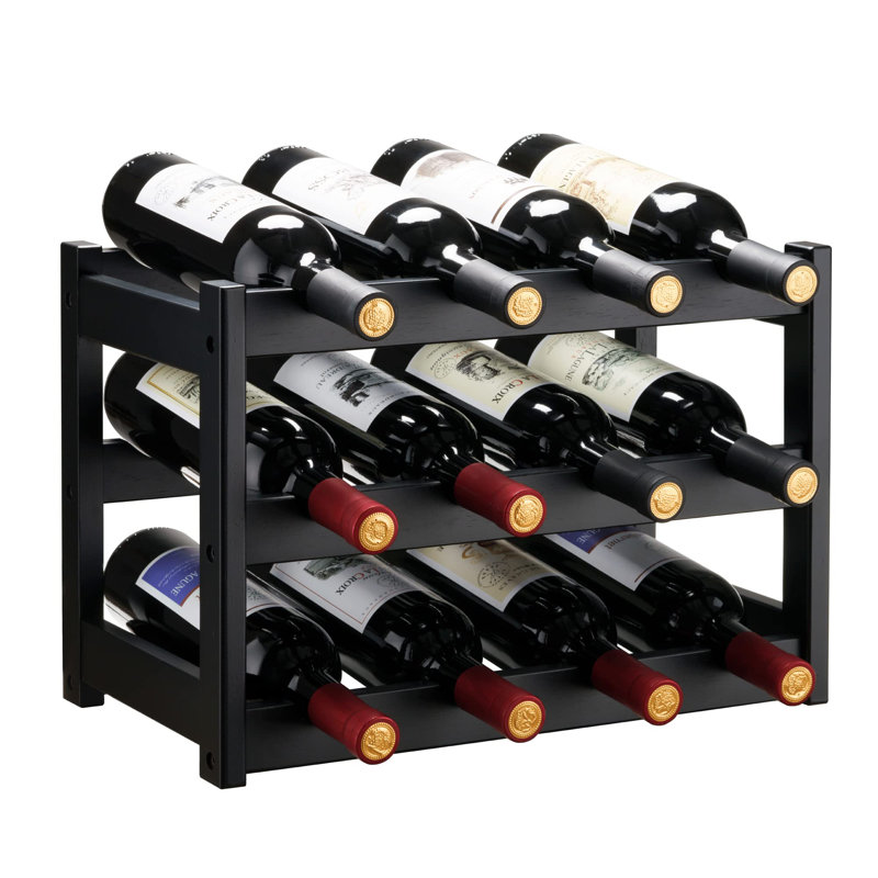 Support à vin en bambou, étagère d'armoire à vin robuste et durable, comptoir à vin pour garde-manger, cuisine, support à vin à 3 niveaux pour 12 bouteilles - noir