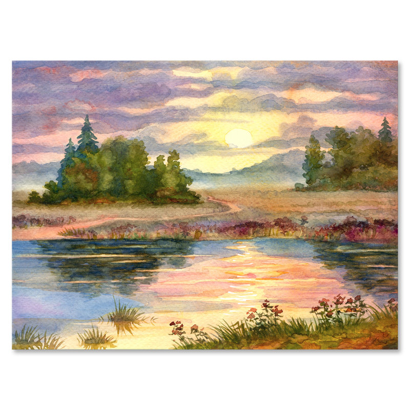 Coucher de soleil sur le lac I - peinture sur toile, H 24 po x l 32 po x P 1 po, Toile tendue