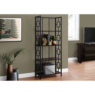 Contemporary 4 Metal Bookcase, 62" Height, Brown Laminate, For Living Space Modern 4 Tier Book Shelf, High, & Bedroom Use