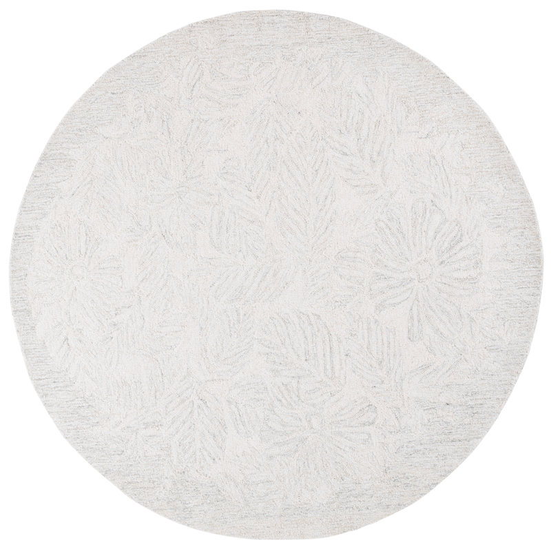 Pine 116 Hand Tufted Wool/Viscose Floral Rug in Light Gray/Ivory, Round 6'