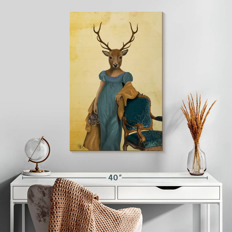 Cerf Brampt en robe bleue, H 30 po x l 20 po